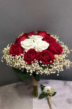 Beyaz Ve Kırmızı Kadife Güllü Yapay Ve Kurutulmuş Gelin Buketi