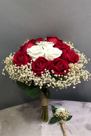 Beyaz Ve Kırmızı Kadife Güllü Yapay Ve Kurutulmuş Gelin Buketi