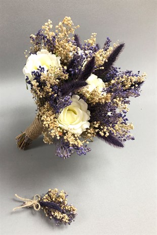 Beyaz ve Lila Gelin Buketi ve Damat Yaka Çiçeği