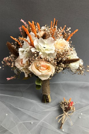 Beyaz ve Somon Gelin Buketi ve Damat Yaka Çiçeği