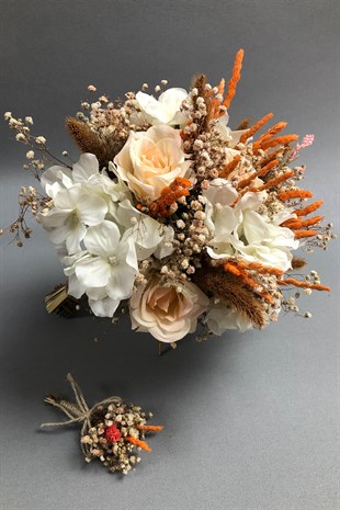 Beyaz ve Somon Gelin Buketi ve Damat Yaka Çiçeği