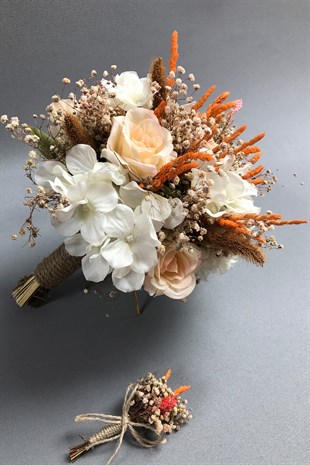 Beyaz ve Somon Gelin Buketi ve Damat Yaka Çiçeği