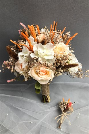 Beyaz ve Somon Gelin Buketi ve Damat Yaka Çiçeği