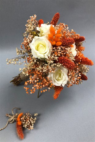 Beyaz ve Turuncu Kurutulmuş Çiçekli Gelin Buketi ve Yaka Çiçeği