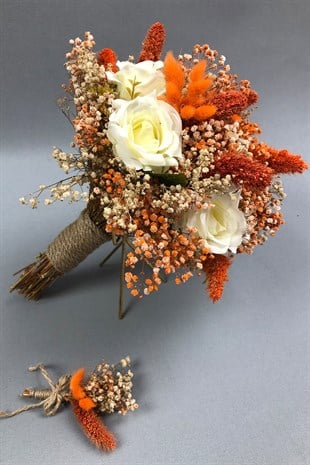 Beyaz ve Turuncu Kurutulmuş Çiçekli Gelin Buketi ve Yaka Çiçeği