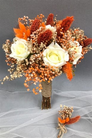 Beyaz ve Turuncu Kurutulmuş Çiçekli Gelin Buketi ve Yaka Çiçeği