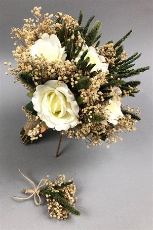 Beyaz ve Yeşil Gelin Buketi ve Damat Yaka Çiçeği