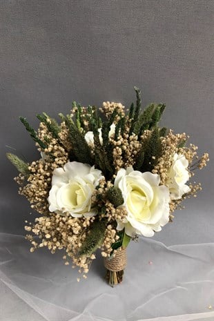 Beyaz ve Yeşil Gelin Buketi ve Damat Yaka Çiçeği