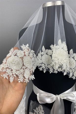 Beyaz Vip Model Gelin Kına Duvağı Yüz Örtüsü