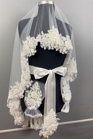 Beyaz Vip Model Gelin Kına Duvağı Yüz Örtüsü