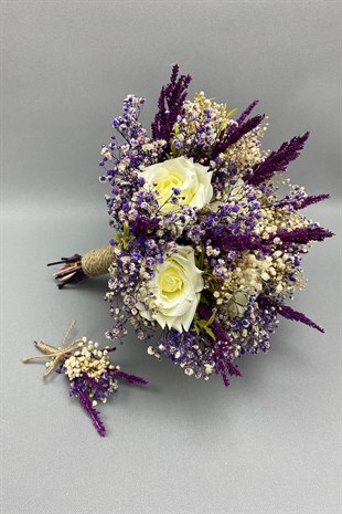 White Artificial Big Rose Bride Bouquet and Groom Boutonniere