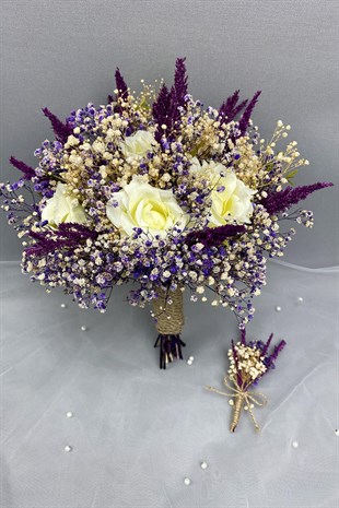 White Artificial Big Rose Bride Bouquet and Groom Boutonniere