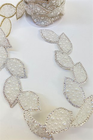 Beyaz Yaprak Motifli Ütüyle Yapışan Taş Şerit Aplik