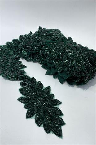 Boncuk İşlemeli Çiçek Desen Baklava Geniş Şerit Aplik 1 Metre