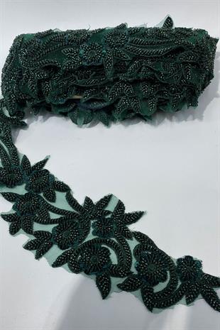 Boncuk İşlemeli Çiçek Desen Geniş Şerit Aplik 1 Metre