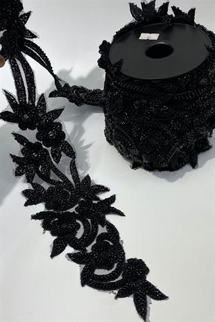 Boncuk İşlemeli Çiçek Desen Geniş Şerit Aplik 1 Metre