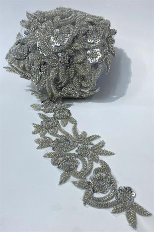 Boncuk İşlemeli Çiçek Desen Geniş Şerit Aplik 1 Metre