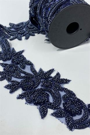 Boncuk İşlemeli Çiçek Desen Geniş Şerit Aplik 1 Metre