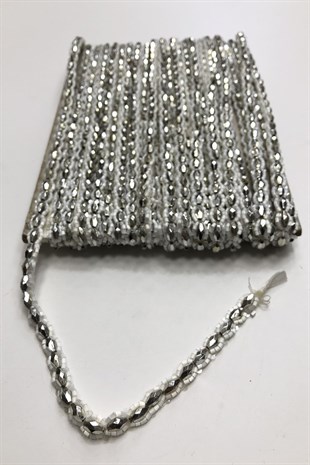 Gümüş Boncuk İşlemeli Şerit 1 cm