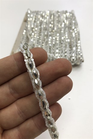 Gümüş Boncuk İşlemeli Şerit 1 cm