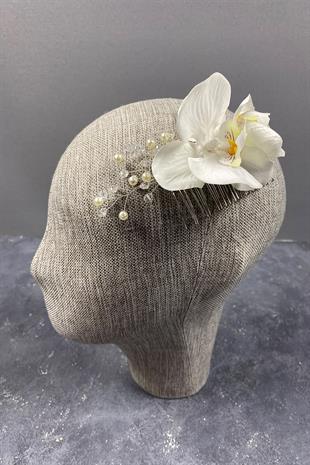 Boncuk İşlemeli Ve Orkideli Taraklı Dış Çekim Gelin Saç Tokası