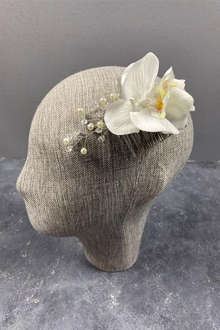 Boncuk İşlemeli Ve Orkideli Taraklı Dış Çekim Gelin Saç Tokası