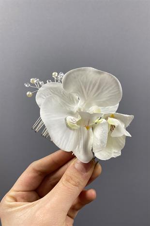 Boncuk İşlemeli Ve Orkideli Taraklı Dış Çekim Gelin Saç Tokası