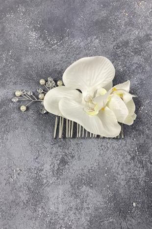 Boncuk İşlemeli Ve Orkideli Taraklı Dış Çekim Gelin Saç Tokası