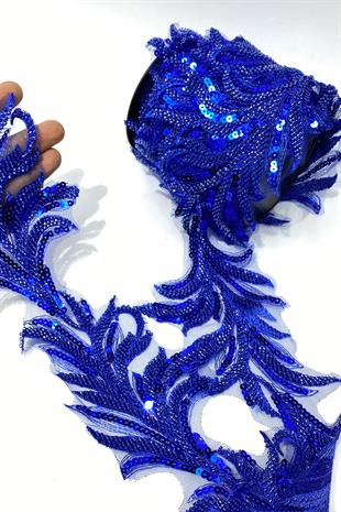 Boncuk İşlemeli Yaprak Desenli Geniş Şerit Aplik 1 Metre