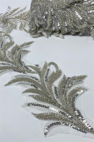 Boncuk İşlemeli Yaprak Desenli Geniş Şerit Aplik 1 Metre