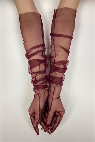 Bordo 10 Adet Gelin Eldiveni Tül Eldiven Nikah/Düğün/Parti Eldiveni