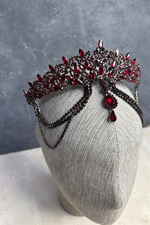 Bordo Ada Alınlık Sallantılı Gelin Kına Tacı 