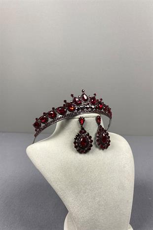Burgundy Ade Bridal Henna Crown and Almond Stone Earring Set