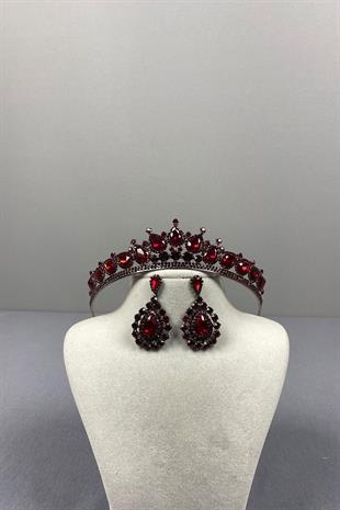 Burgundy Ade Bridal Henna Crown and Almond Stone Earring Set
