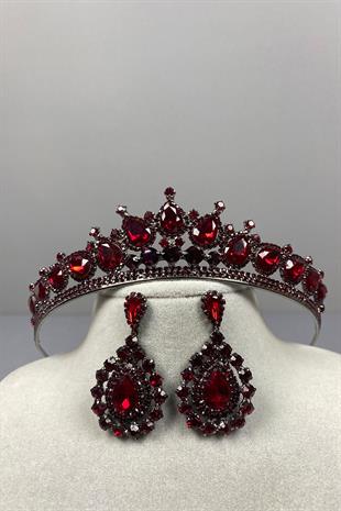 Burgundy Ade Bridal Henna Crown and Almond Stone Earring Set