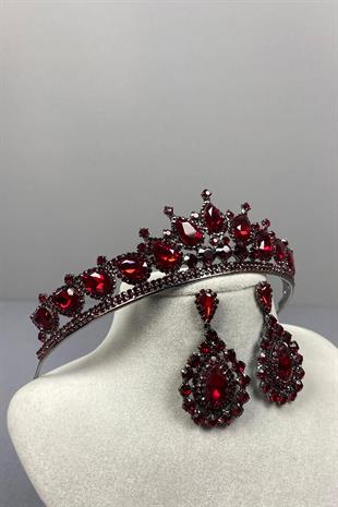 Burgundy Ade Bridal Henna Crown and Almond Stone Earring Set