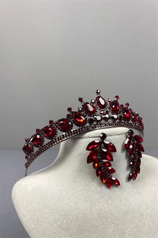 Burgundy Ade Bridal Henna Crown and Leaf Stone Earring Set