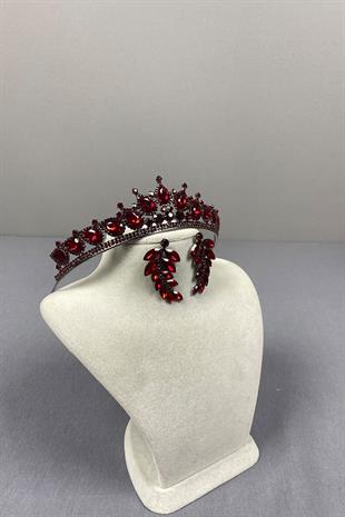 Burgundy Ade Bridal Henna Crown and Leaf Stone Earring Set