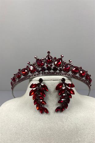 Burgundy Ade Bridal Henna Crown and Leaf Stone Earring Set