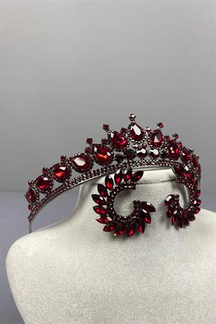 Burgundy Ade Bridal Henna Crown and Round Stone Earring Set