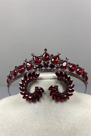 Burgundy Ade Bridal Henna Crown and Round Stone Earring Set