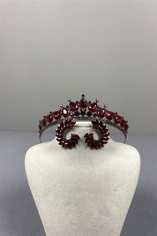 Burgundy Ade Bridal Henna Crown and Round Stone Earring Set