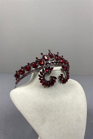Burgundy Ade Bridal Henna Crown and Round Stone Earring Set