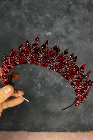 Bordo Ala Boncuklu Tasarım Gelin Kına Tacı