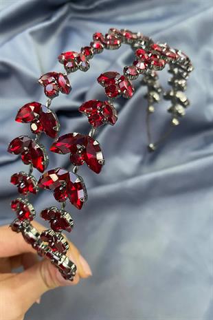 Bordo Alfa Mekik Cam Kristal Taşlı Gelin Kına Tacı