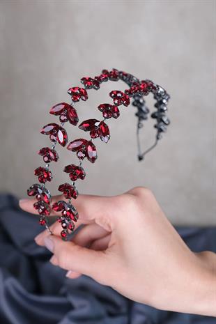 Bordo Alfa Mekik Cam Kristal Taşlı Gelin Kına Tacı