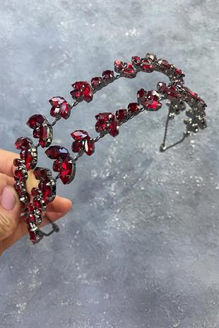 Bordo Alfa Mekik Cam Kristal Taşlı Gelin Kına Tacı