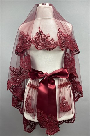 Bordo Alis Pullu Gelin Duvağı Kına Yüz Örtüsü