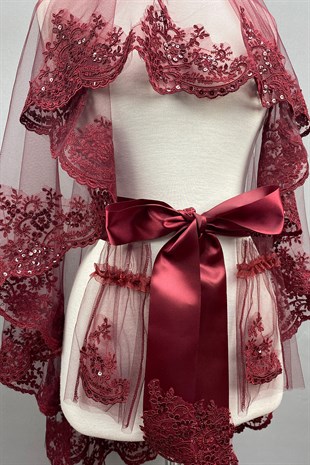 Bordo Alis Pullu Gelin Duvağı Kına Yüz Örtüsü