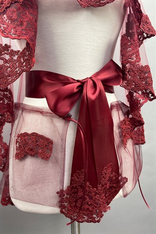 Bordo Alya Gelin Kına Duvağı Yüz Örtüsü